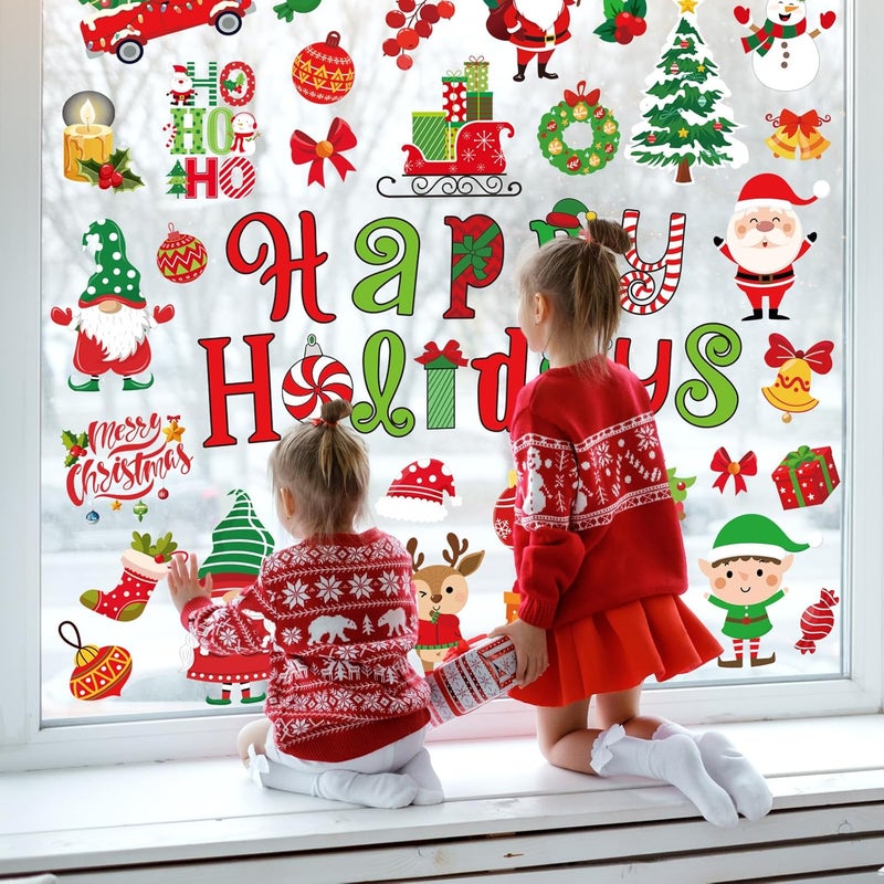 Whaline 9 Sheets Christmas Window Cling Stickers Xmas Santa Reindeer Cartoon Reusable Window Decals for Holiday Party Home Office Classroom Decoration - Image 5